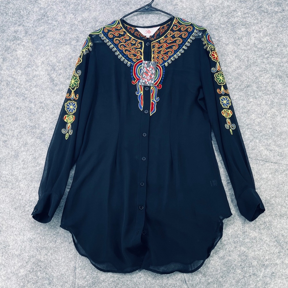 Roja Embroidered Sheer Blouse women Medium Black Folk Art Western Tunic Top New